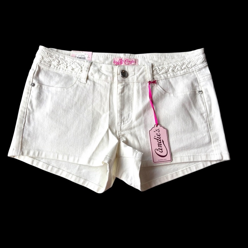 NWT Woman’s 7 Candies White Denim Shorts With Rhinestone Buttons Braided Detail
